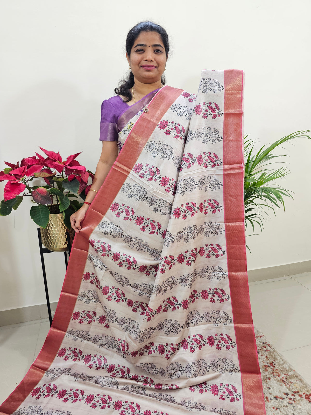 Soft Semi Tussar Digital Prints with Contrast Border - Pink