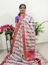 Soft Semi Tussar Digital Prints with Contrast Border - Pink