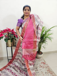 Soft Semi Tussar Digital Prints with Contrast Border - Pink