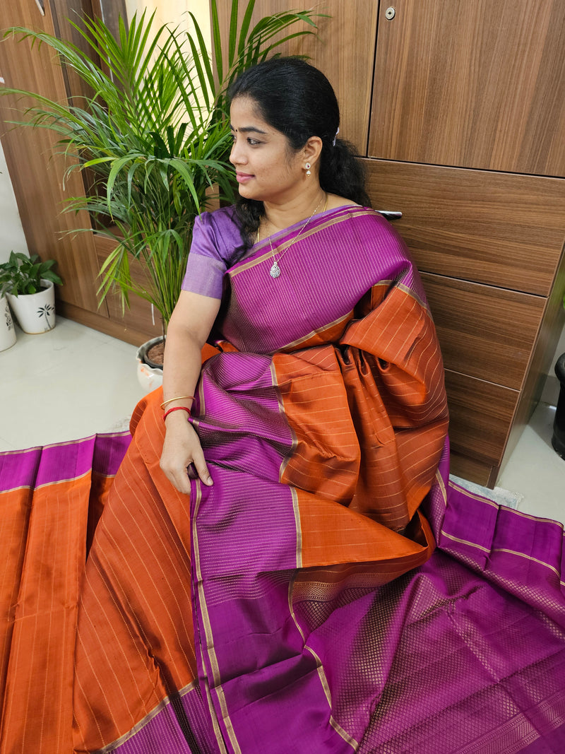 Classical Kanjivaram Pattern Pure Handloom Soft Silk Saree - Rust Orange with Magenta Pink