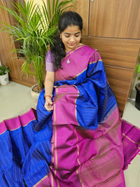 Classical Kanjivaram Pattern Pure Handloom Soft Silk Saree -Blue with Magenta Pink