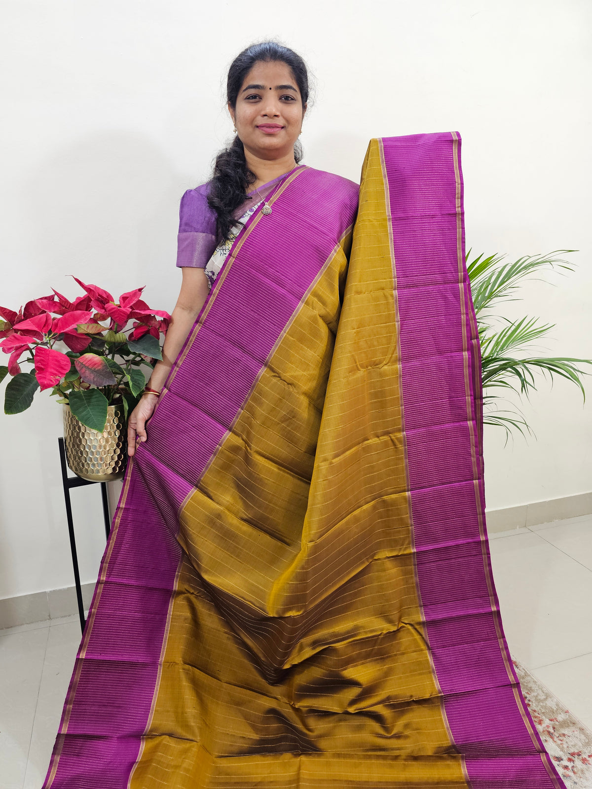 Classical Kanjivaram Pattern Pure Handloom Soft Silk Saree - Golden Mustard with Magenta Pink