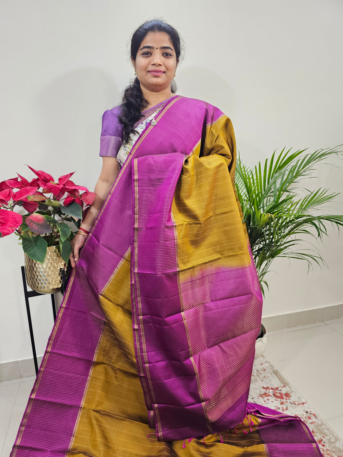 Classical Kanjivaram Pattern Pure Handloom Soft Silk Saree - Golden Mustard with Magenta Pink