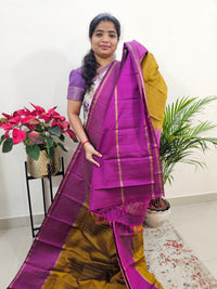 Classical Kanjivaram Pattern Pure Handloom Soft Silk Saree - Golden Mustard with Magenta Pink