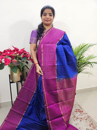 Classical Kanjivaram Pattern Pure Handloom Soft Silk Saree -Blue with Magenta Pink