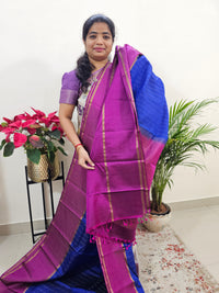 Classical Kanjivaram Pattern Pure Handloom Soft Silk Saree -Blue with Magenta Pink