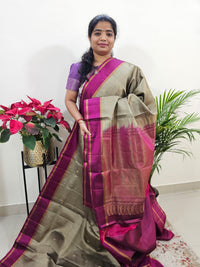 Classical Kanjivaram Pattern Pure Handloom Soft Silk Saree - Dark Beige with Magenta Pink