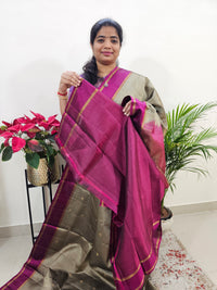 Classical Kanjivaram Pattern Pure Handloom Soft Silk Saree - Dark Beige with Magenta Pink