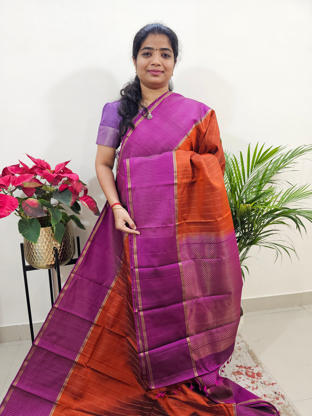 Classical Kanjivaram Pattern Pure Handloom Soft Silk Saree - Rust Orange with Magenta Pink