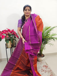 Classical Kanjivaram Pattern Pure Handloom Soft Silk Saree - Rust Orange with Magenta Pink