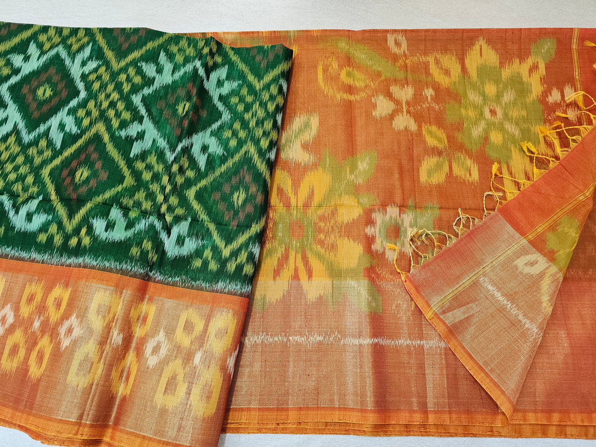 (Copy)Green with Musterd Yellow pochampally  Ikkat Silk Cotton (SICO Pattu)