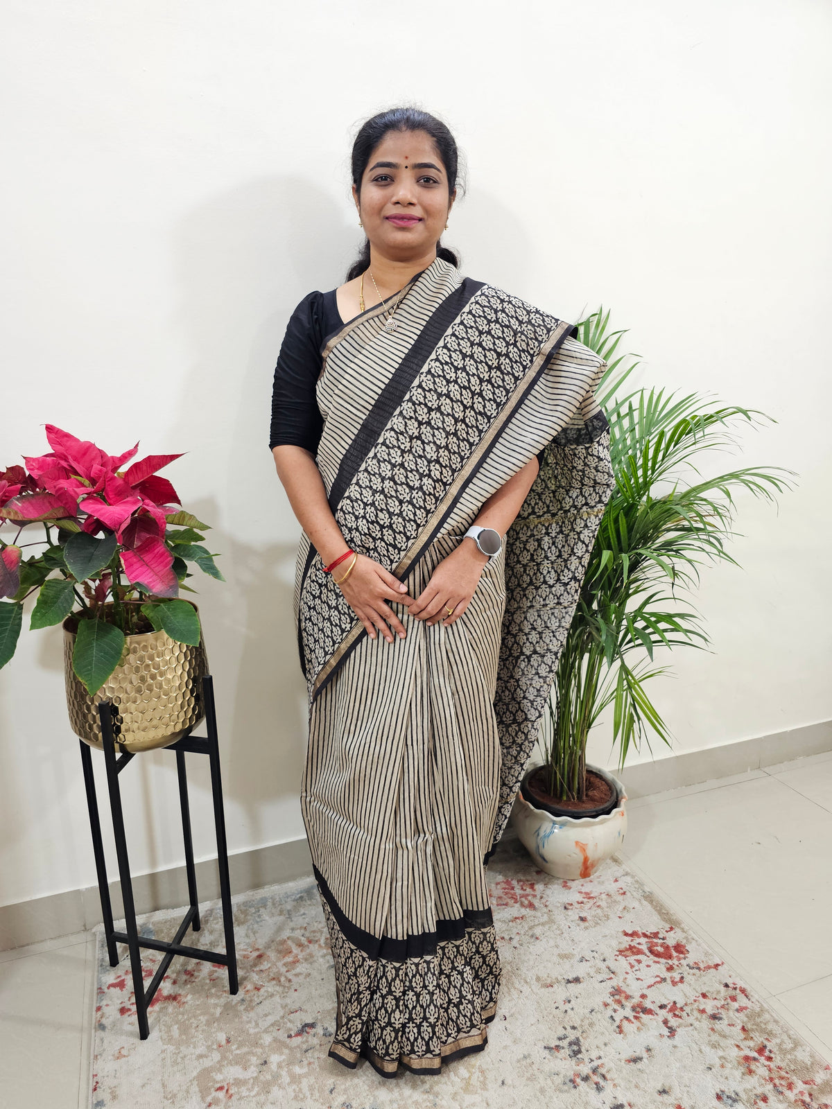 Cream with Black - Chanderi Hand Block Printed Saree