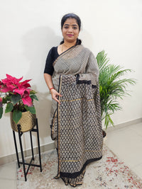 Cream with Black - Chanderi Hand Block Printed Saree