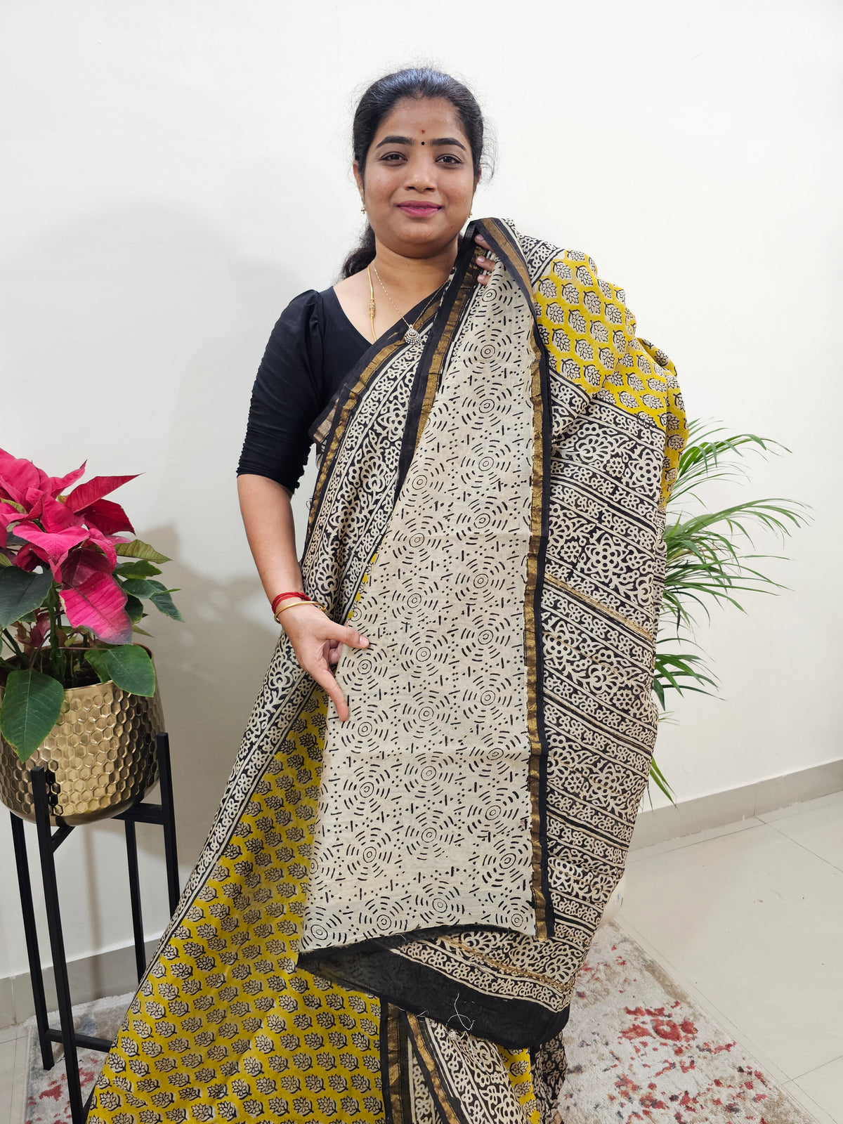 Yellow with Black  - Chanderi Hand Block Printed Saree