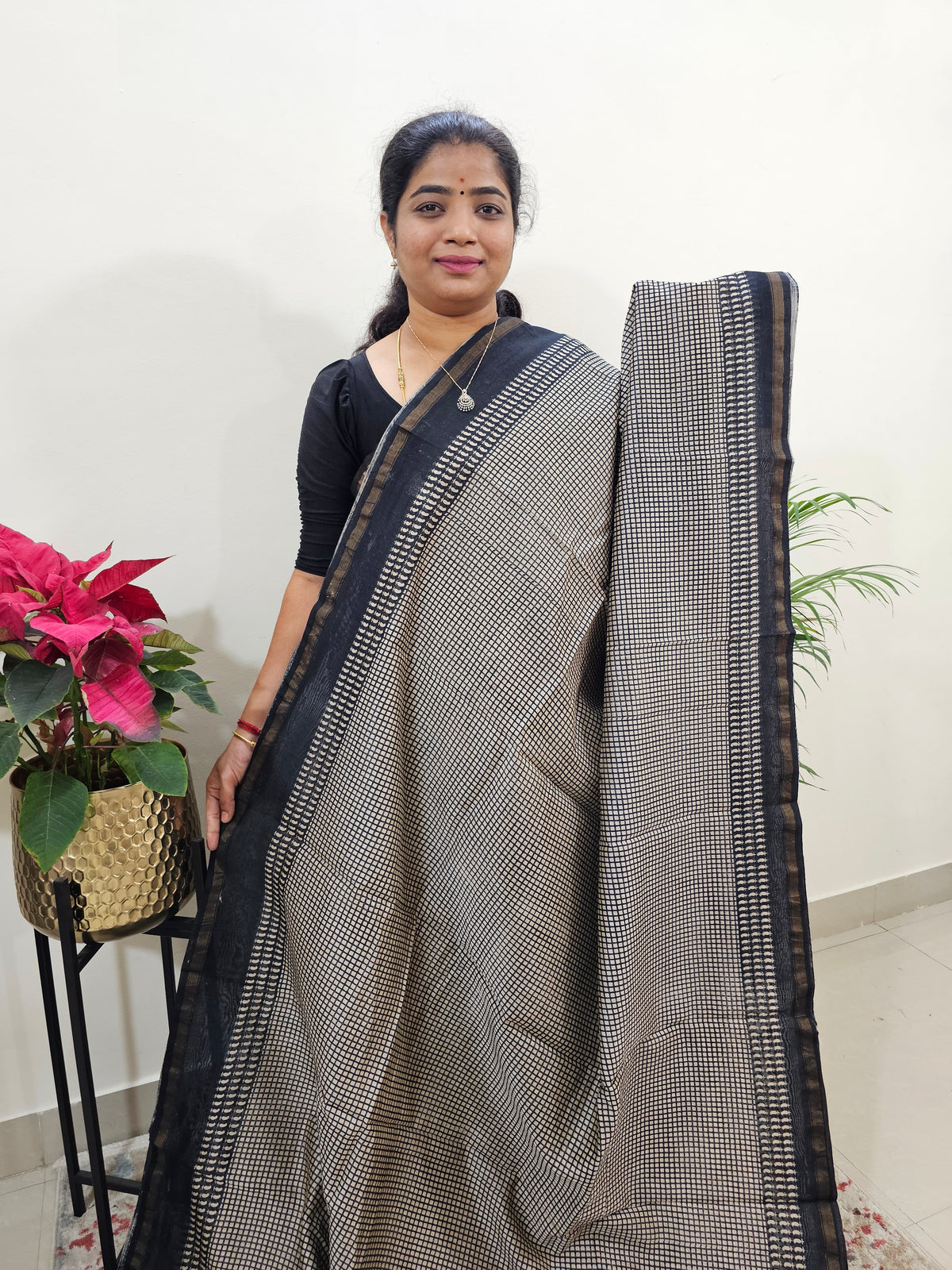 Black - Chanderi Hand Block Printed Saree