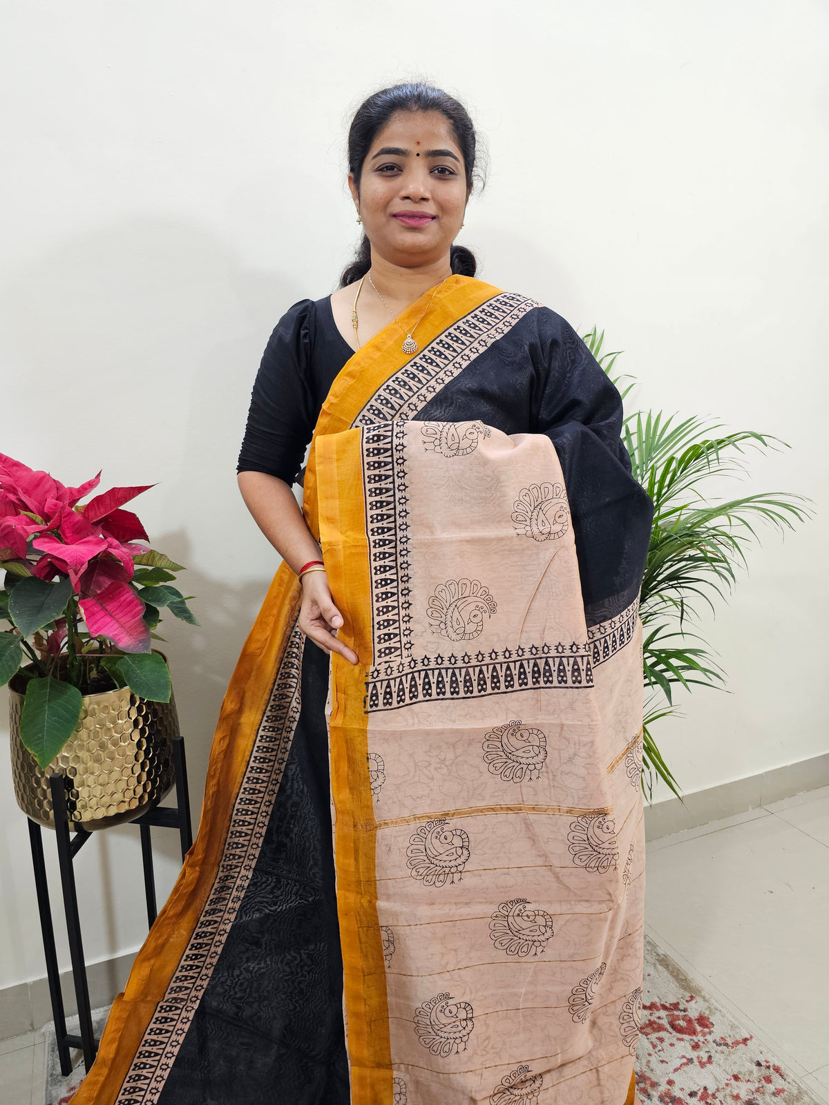 Black with Pastel Peach - Chanderi Hand Block Printed Saree