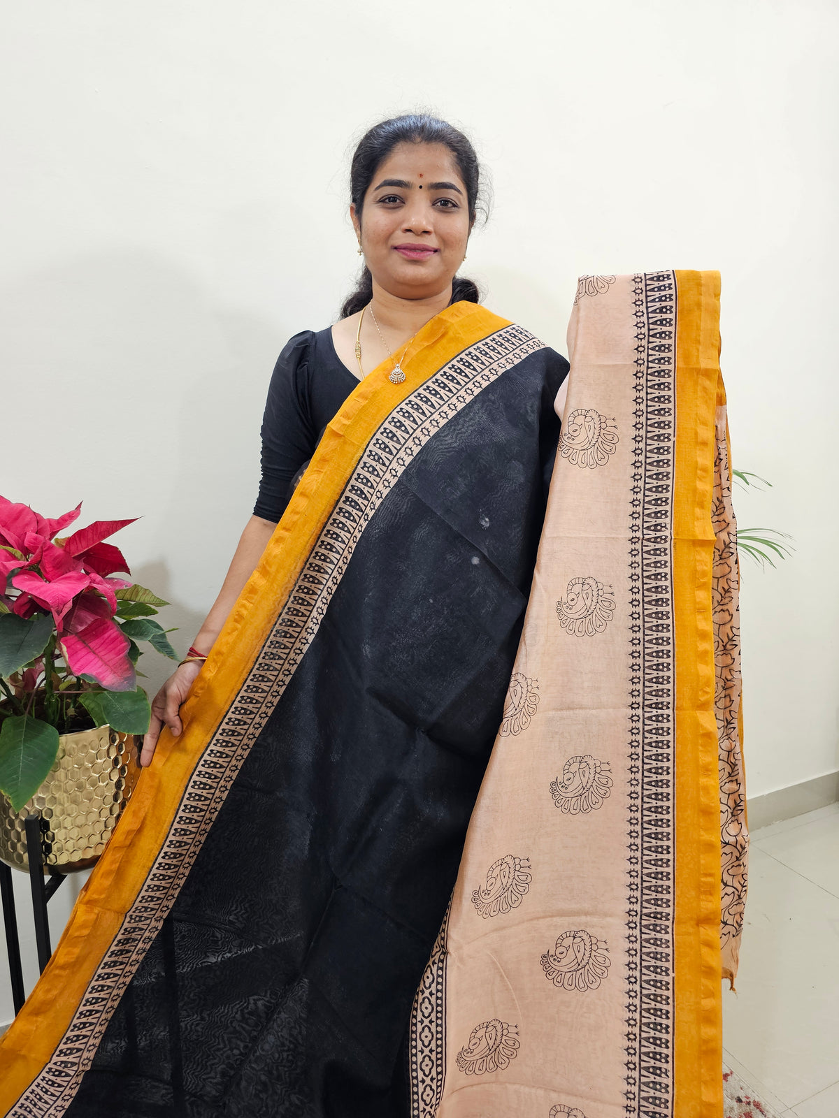 Black with Pastel Peach - Chanderi Hand Block Printed Saree