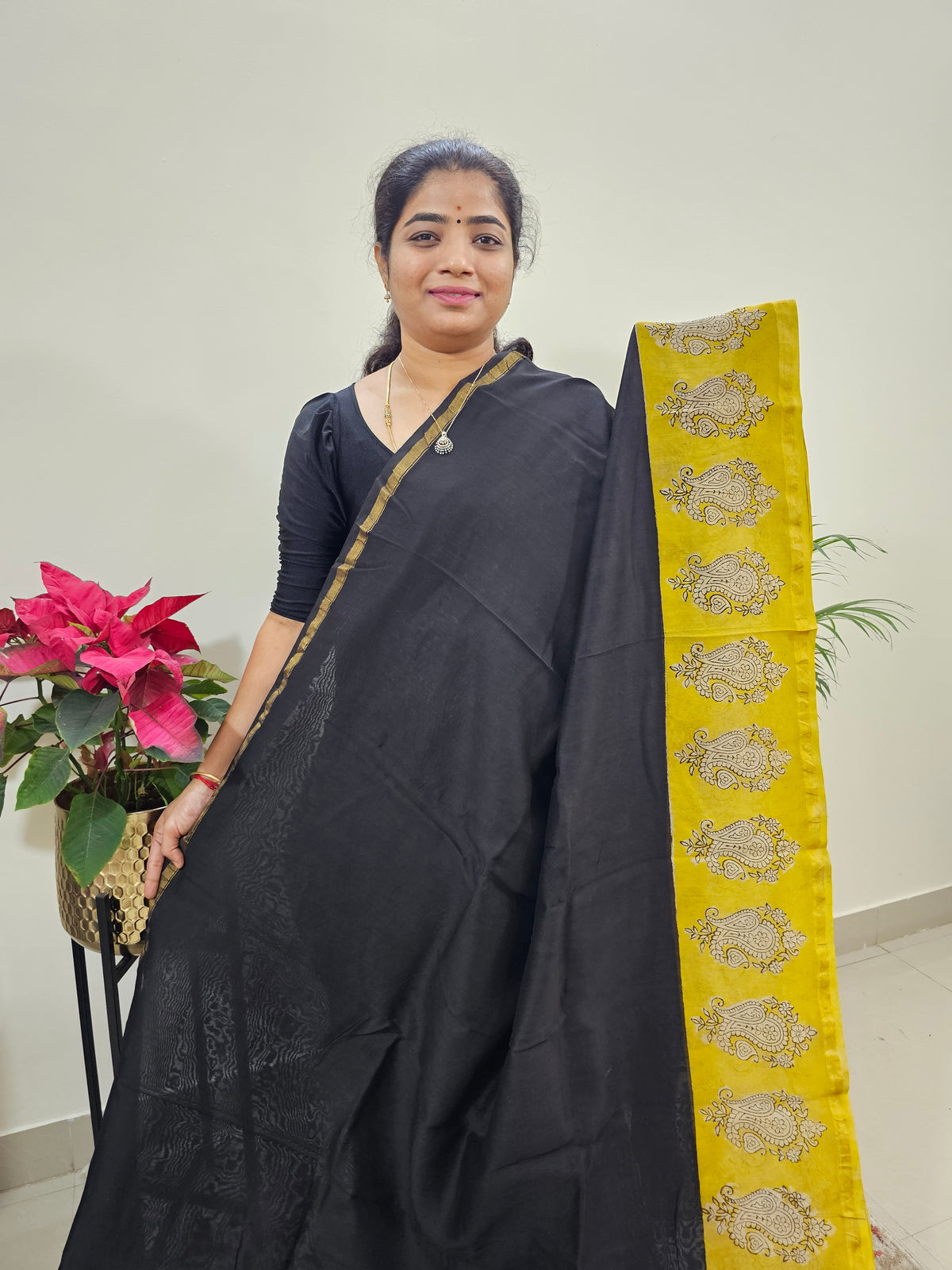 Black with Yellow - Chanderi Hand Block Printed Saree