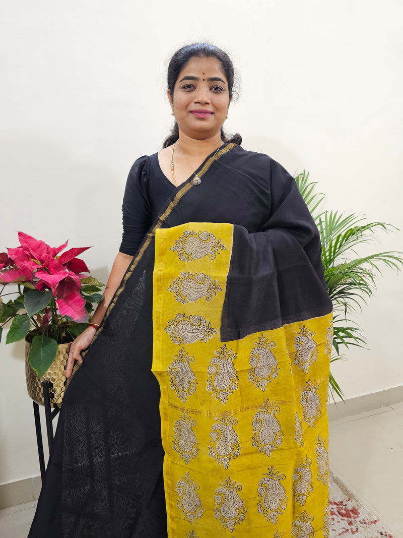 Black with Yellow - Chanderi Hand Block Printed Saree