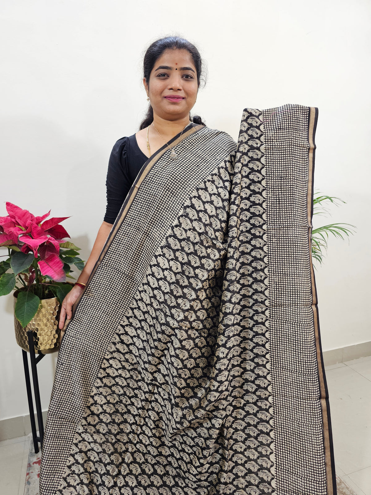 Black - Chanderi Hand Block Printed Saree