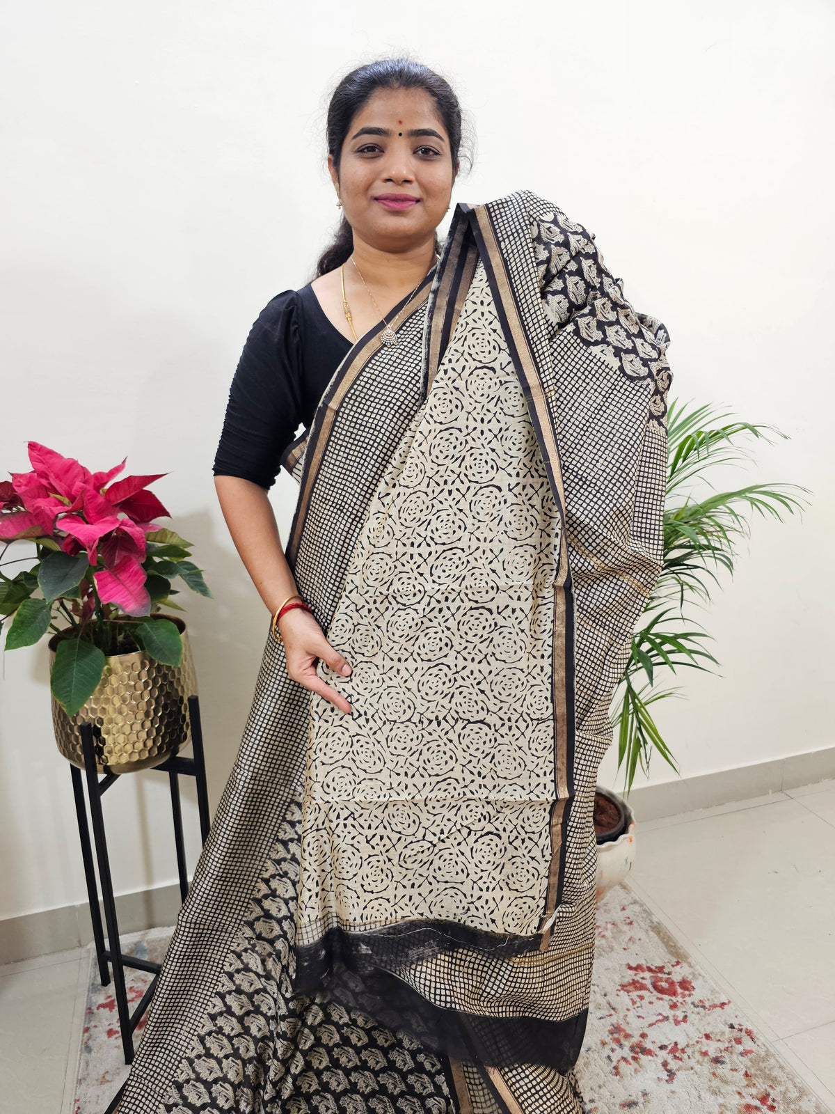 Black - Chanderi Hand Block Printed Saree