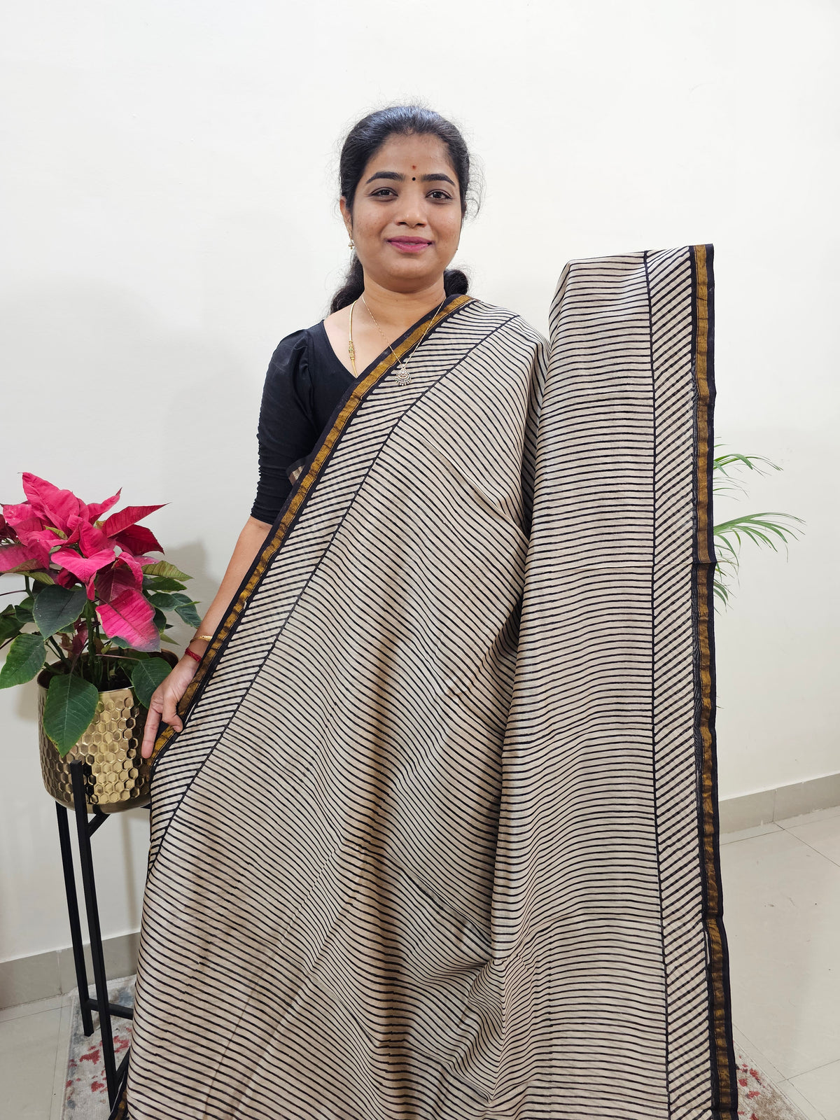 Cream With Black - Chanderi Hand Block Printed Saree