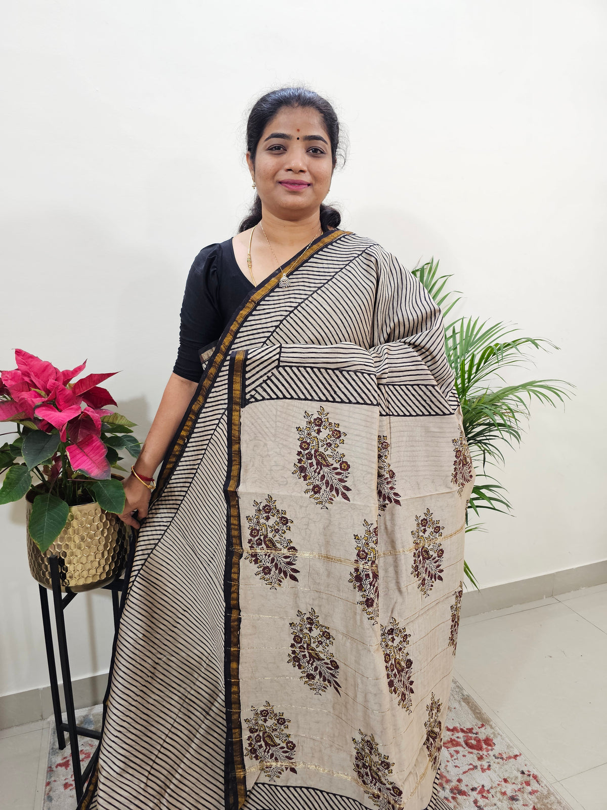 Cream With Black - Chanderi Hand Block Printed Saree