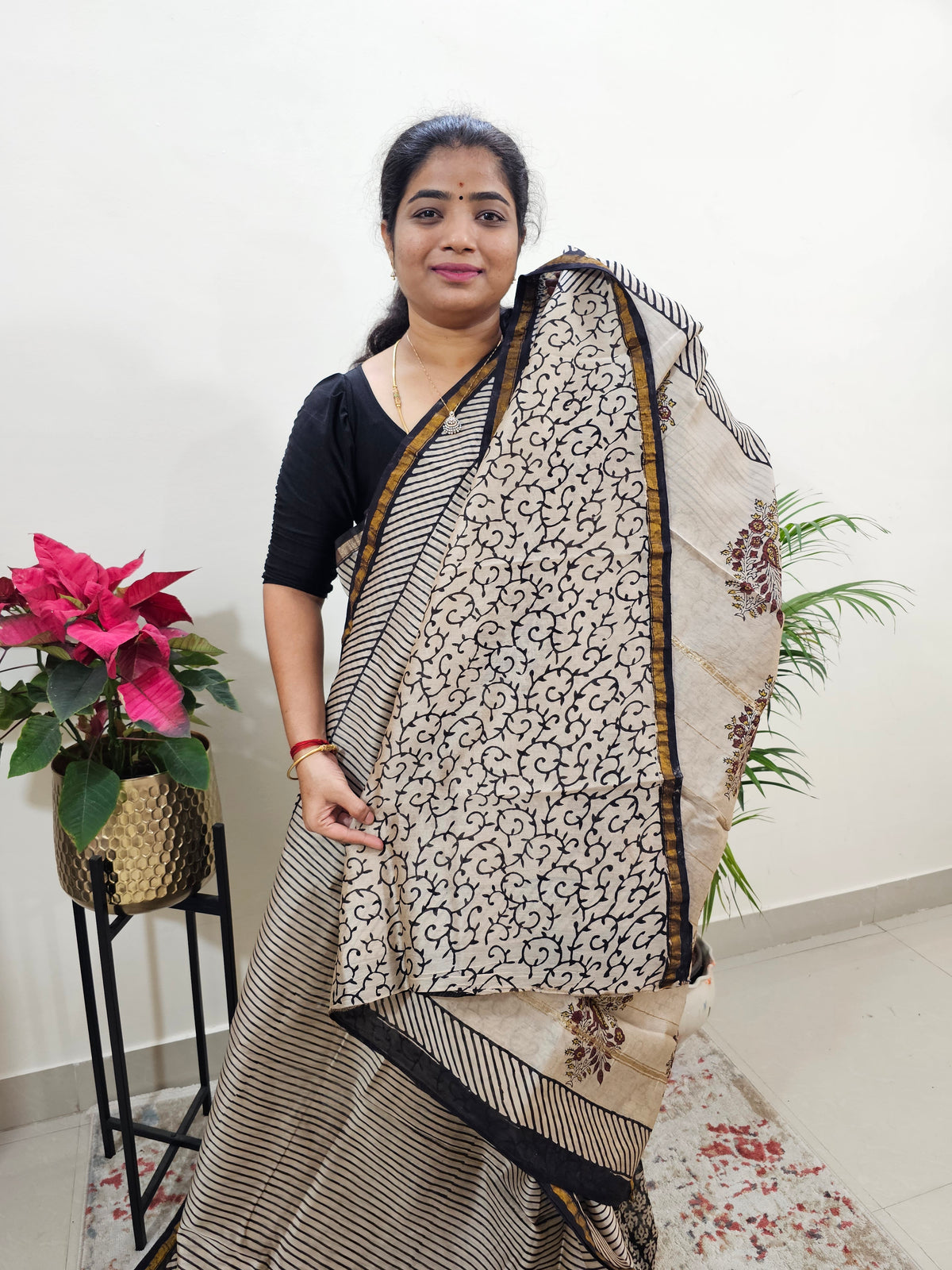 Cream With Black - Chanderi Hand Block Printed Saree