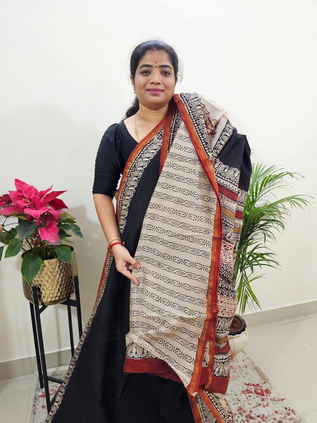 Black with Cream - Chanderi Hand Block Printed Saree