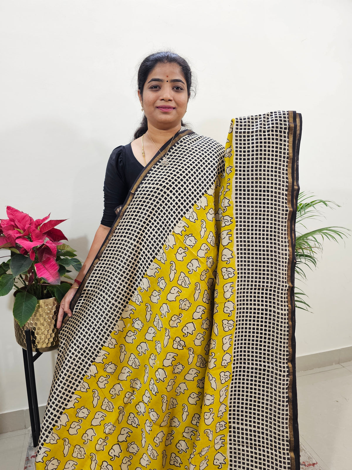 Yellow with Black - Chanderi Hand Block Printed Saree