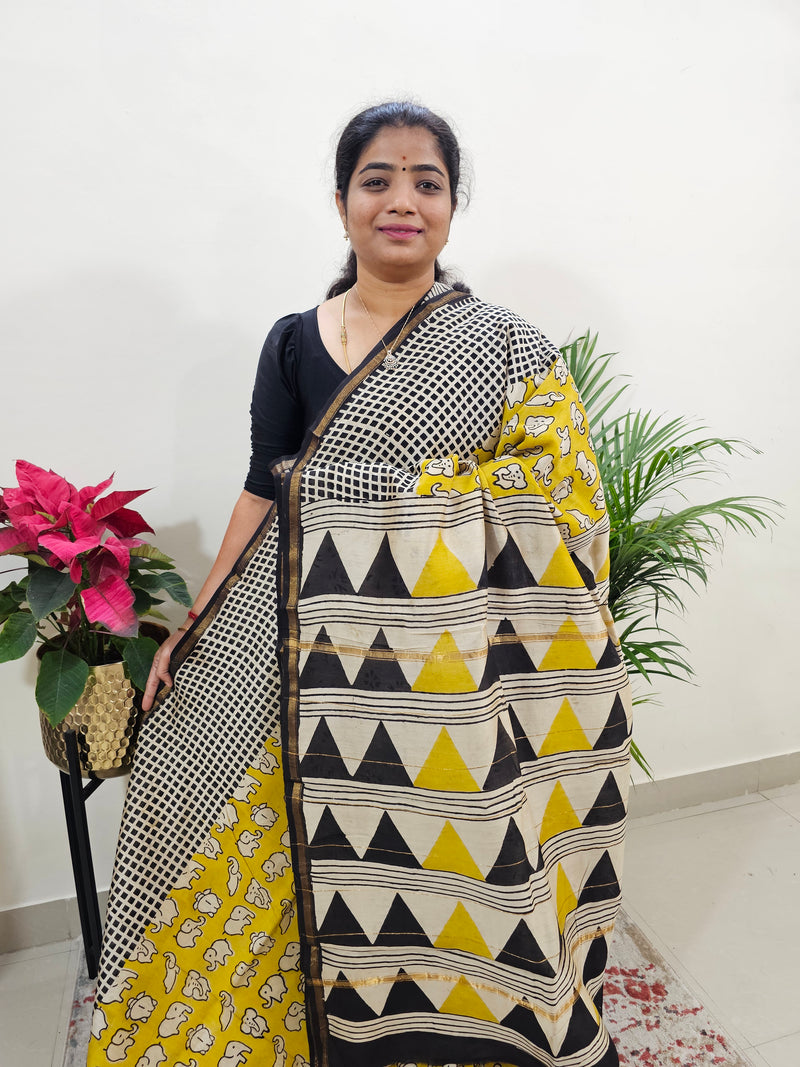 Yellow with Black - Chanderi Hand Block Printed Saree