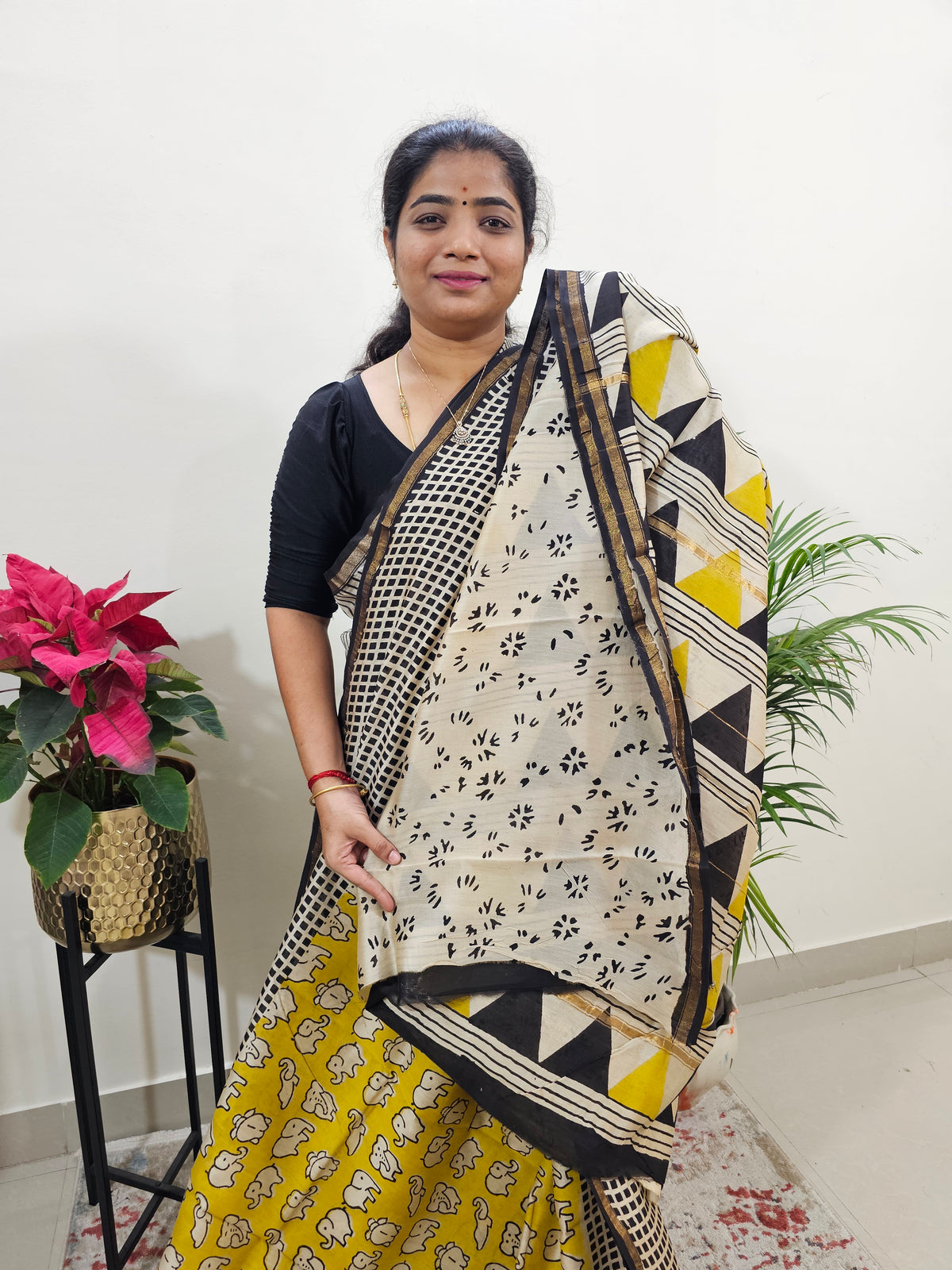 Yellow with Black - Chanderi Hand Block Printed Saree