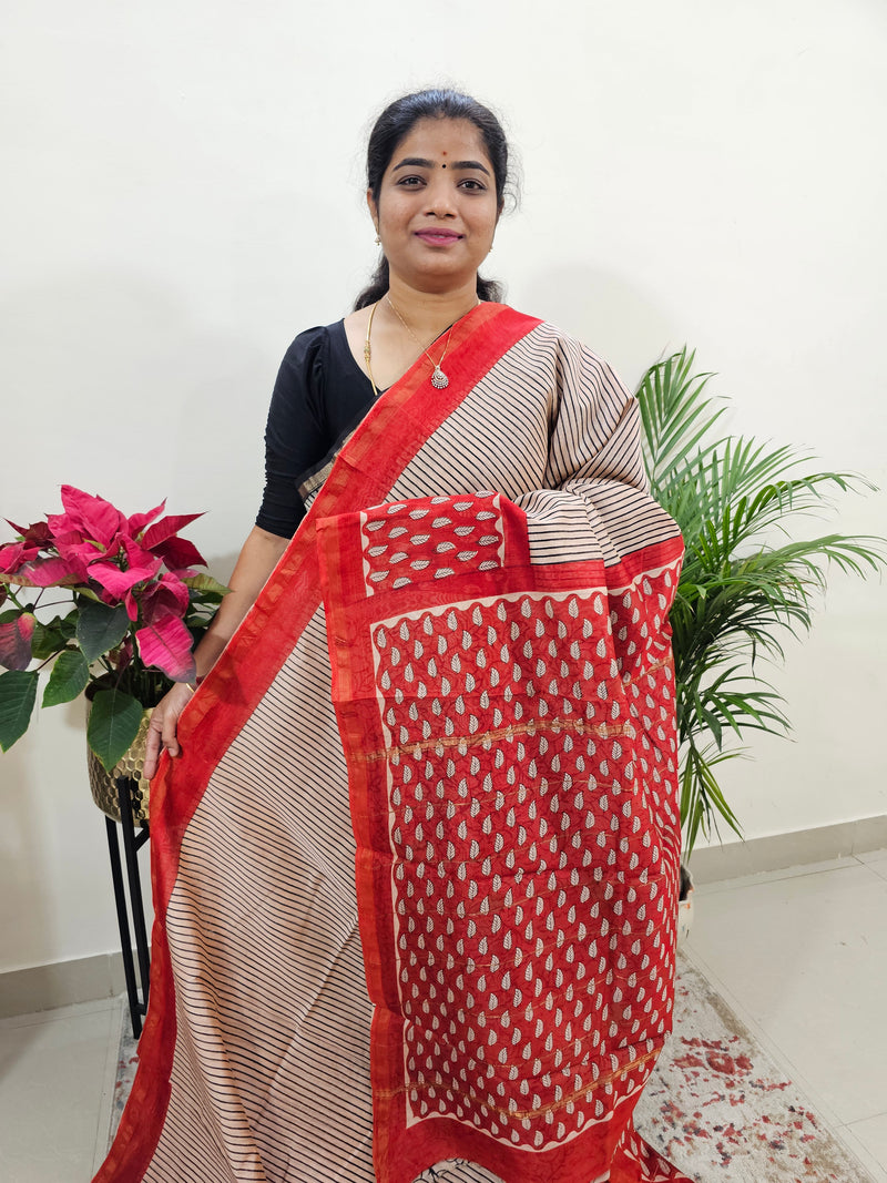 Cream with Red - Chanderi Hand Block Printed Saree