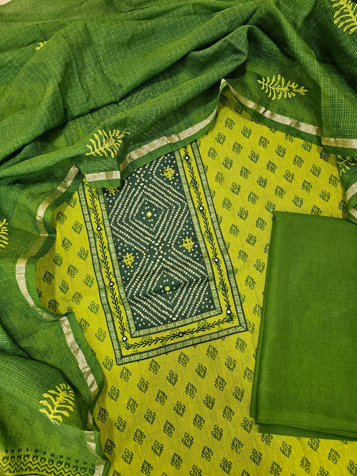 Pure Cotton Unstitched Salwar Suit - Green