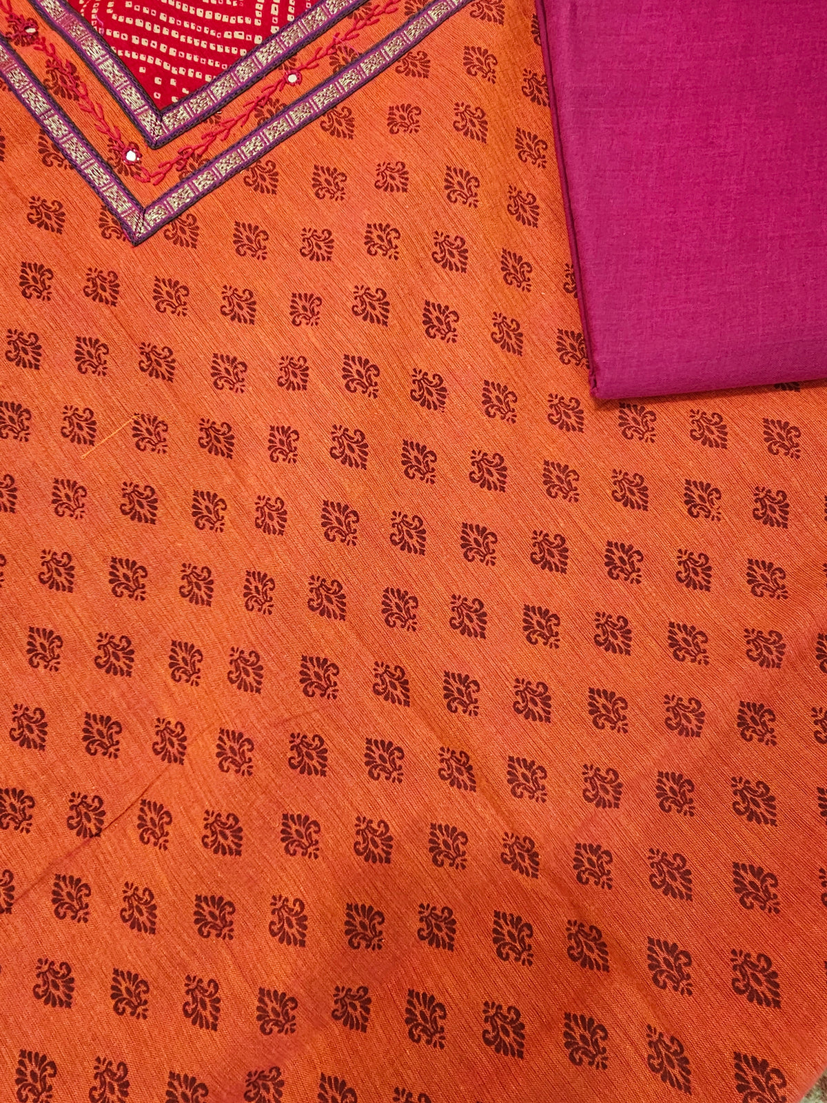 Pure Cotton Unstitched Salwar Suit - Orange