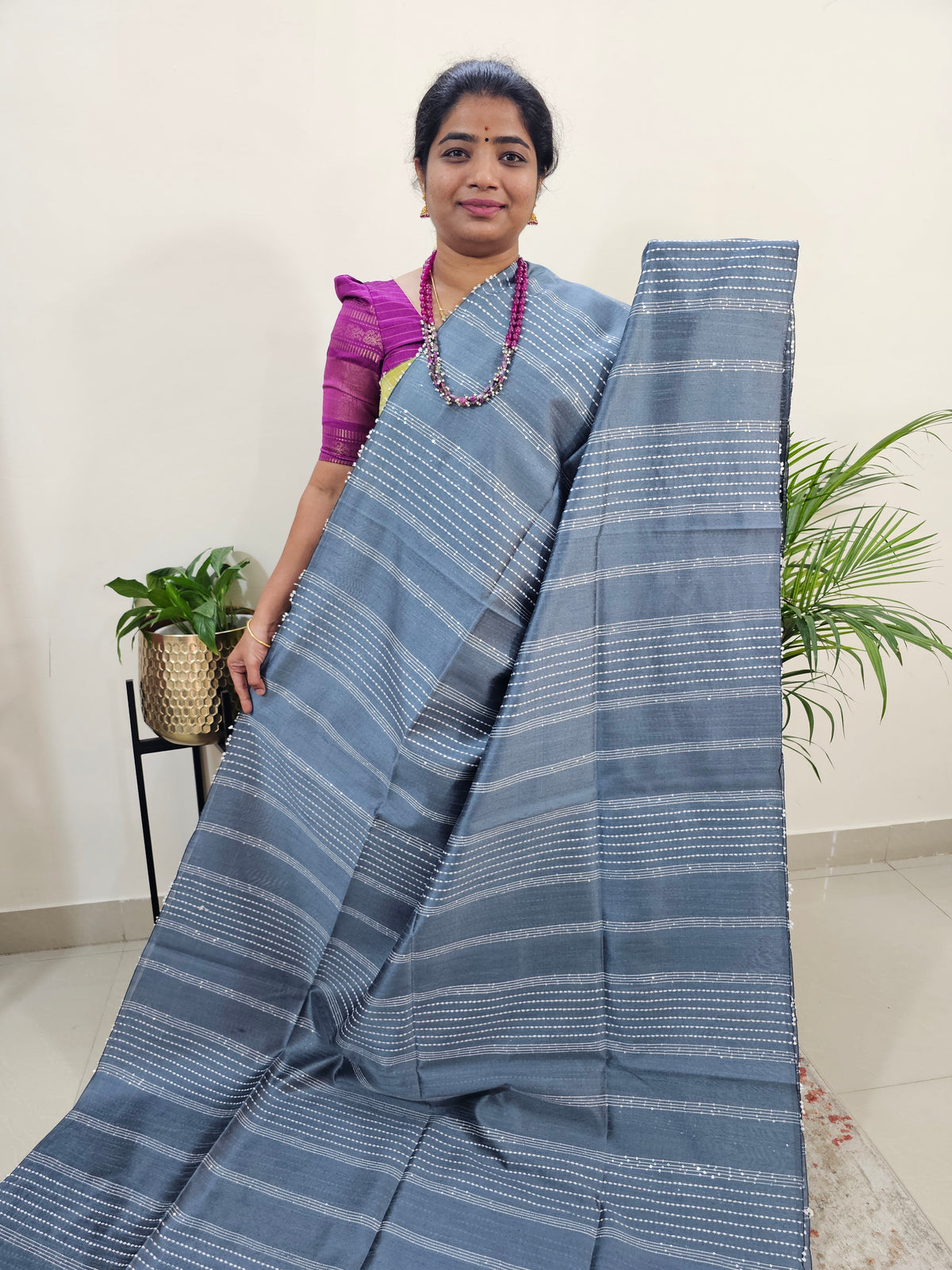 Semi Raw Silk Saree - Grey with Black