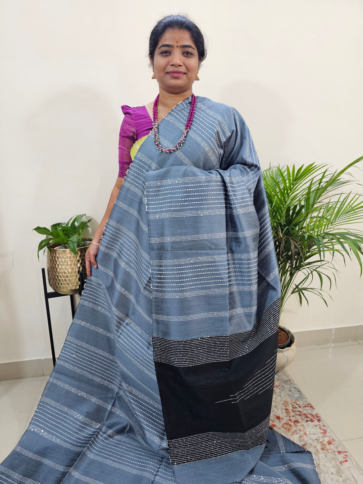 Semi Raw Silk Saree - Grey with Black