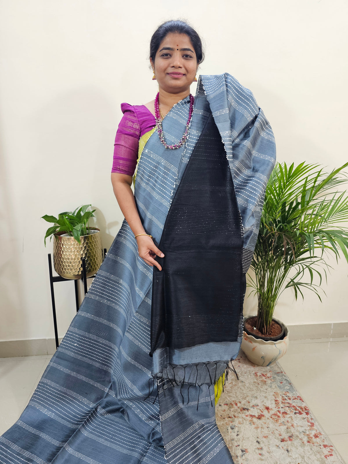 Semi Raw Silk Saree - Grey with Black