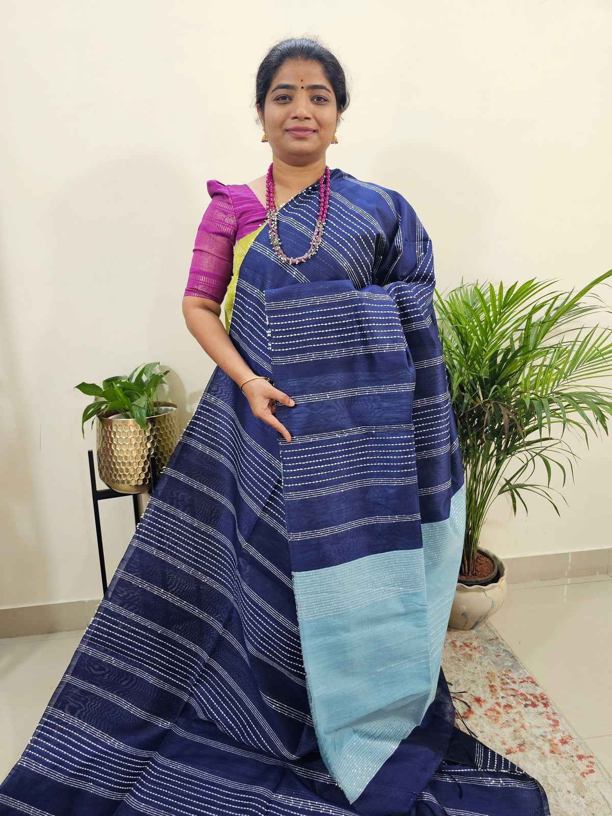 Semi Raw Silk Saree - Navy Blue with Blue