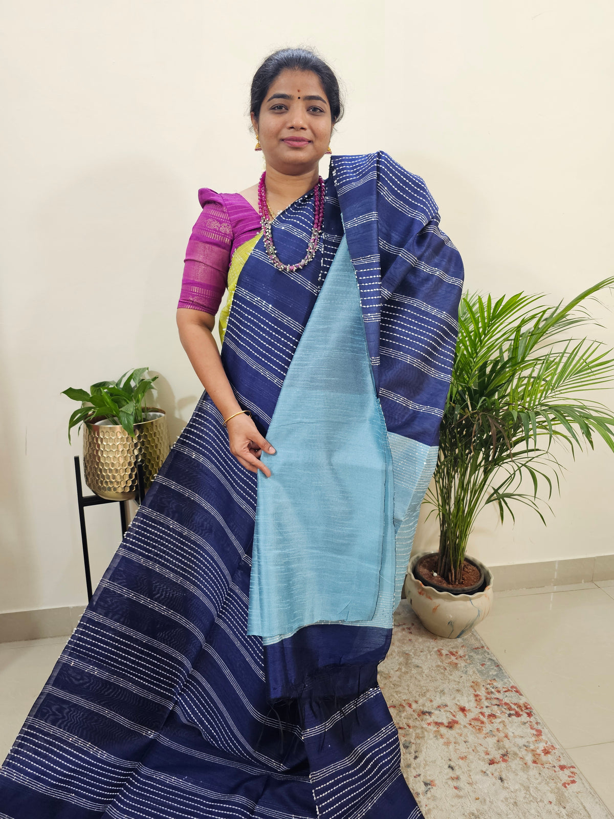 Semi Raw Silk Saree - Navy Blue with Blue