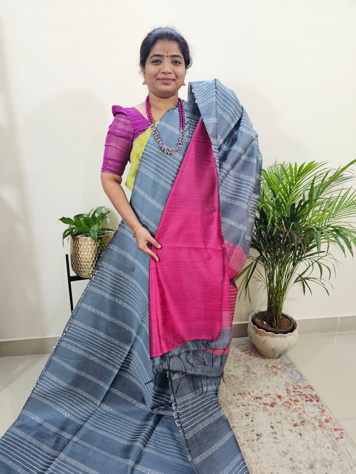 Semi Raw Silk Saree - Grey with Pink