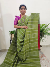 Semi Raw Silk Saree - Green with Dark Red