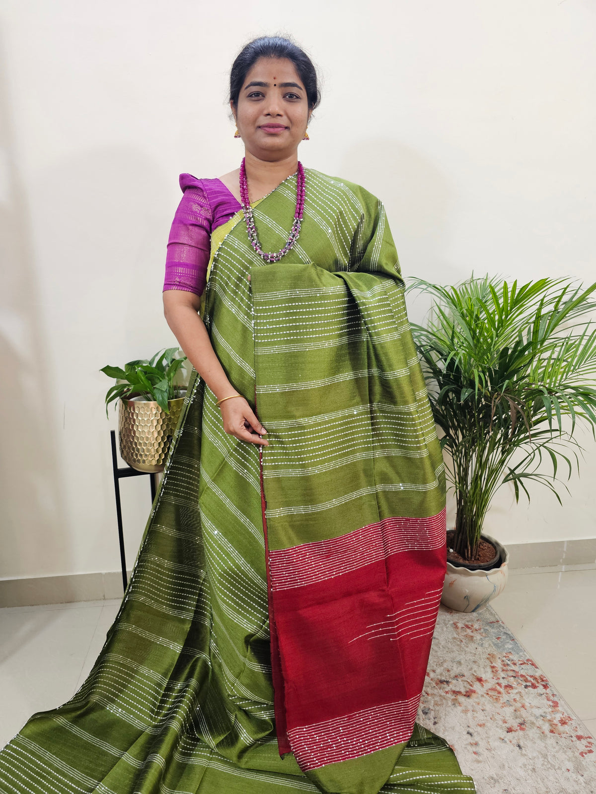 Semi Raw Silk Saree - Green with Dark Red