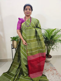 Semi Raw Silk Saree - Green with Dark Red