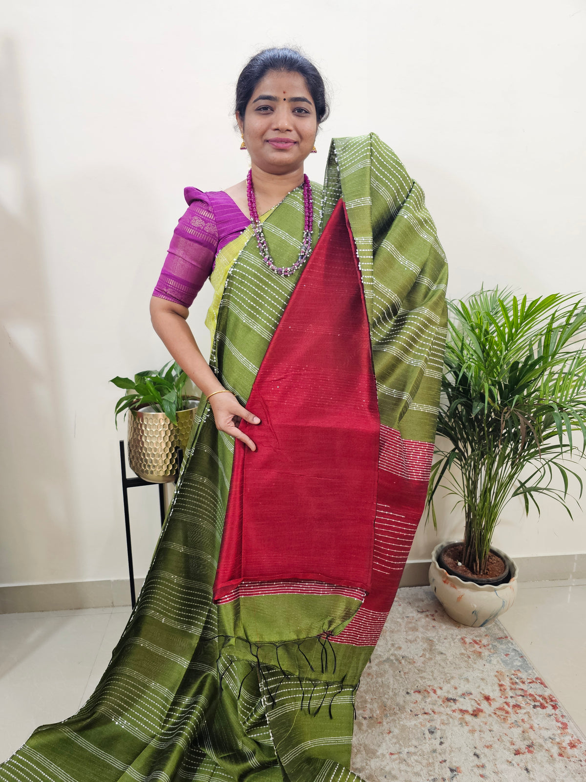 Semi Raw Silk Saree - Green with Dark Red