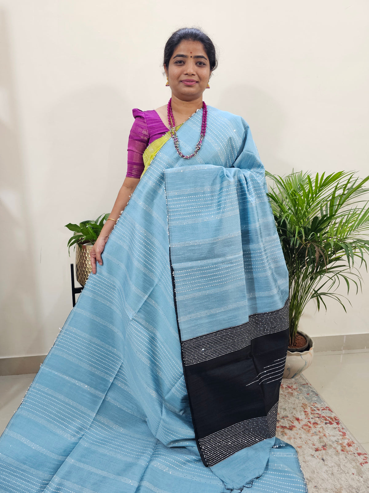 Semi Raw Silk Saree - Blue with Black