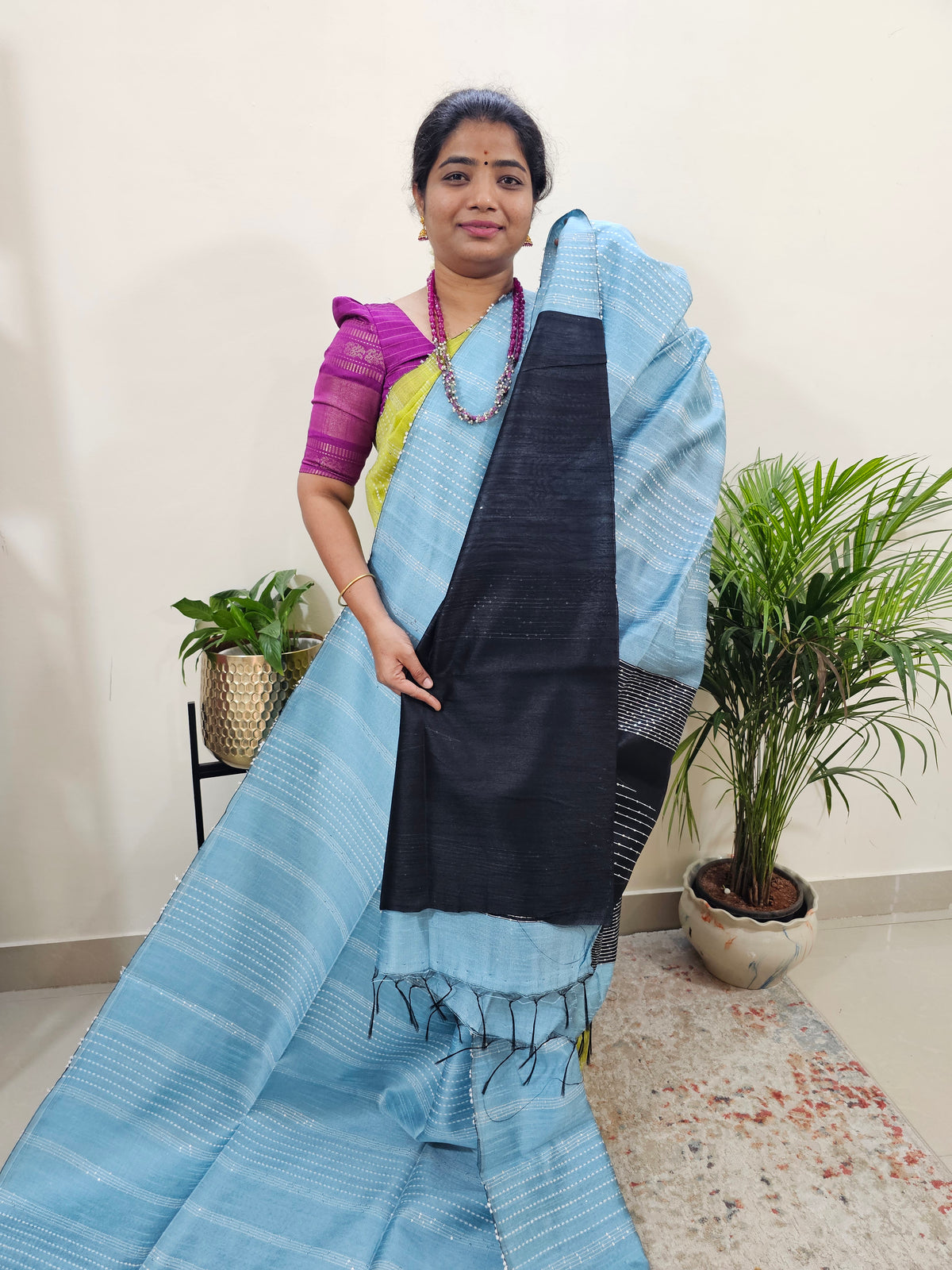 Semi Raw Silk Saree - Blue with Black