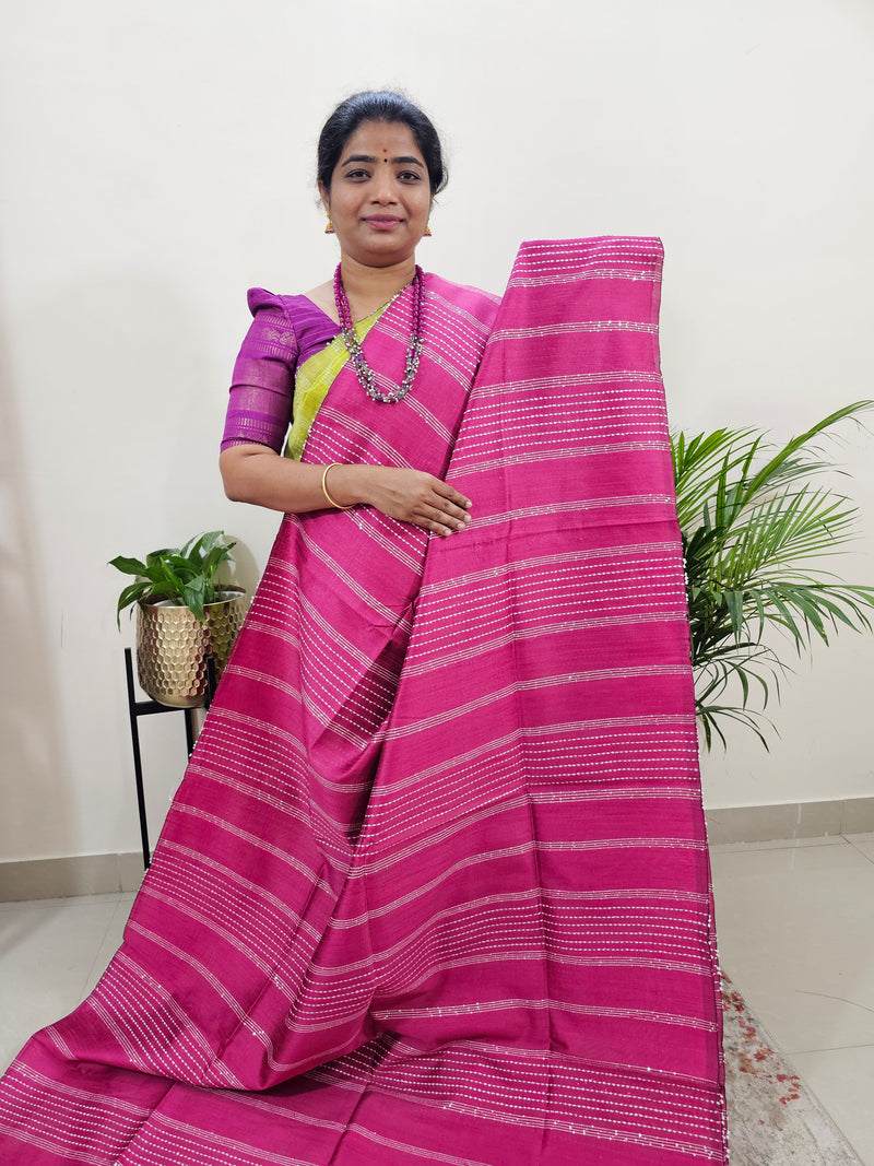 Semi Raw Silk Saree - Pink with Black