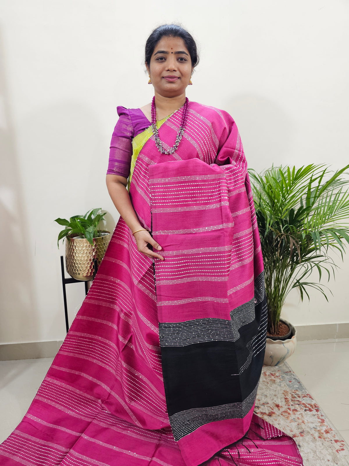 Semi Raw Silk Saree - Pink with Black