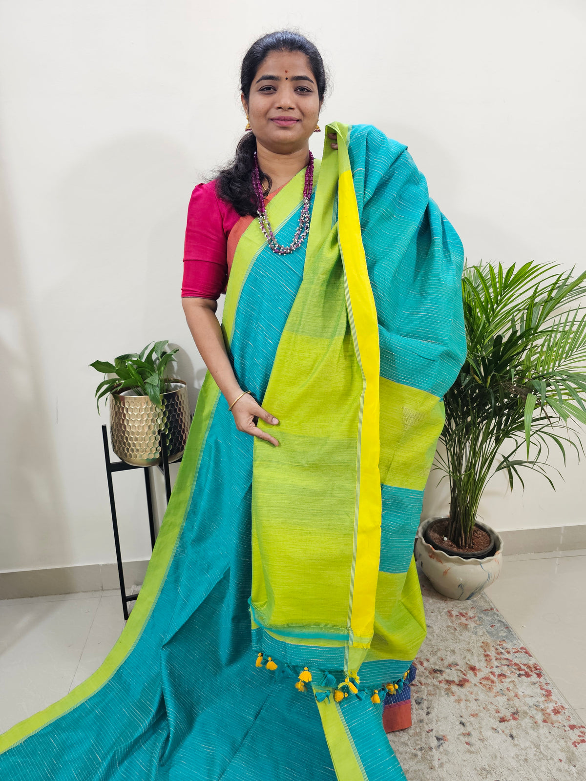 Ghicha Cotton Thread Weaving Saree - Sea Green with Lime Yellow